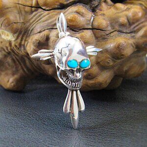 Solid 925 Sterling Silver & Turquoise Men's Southwestern Biker Skull Pendant
